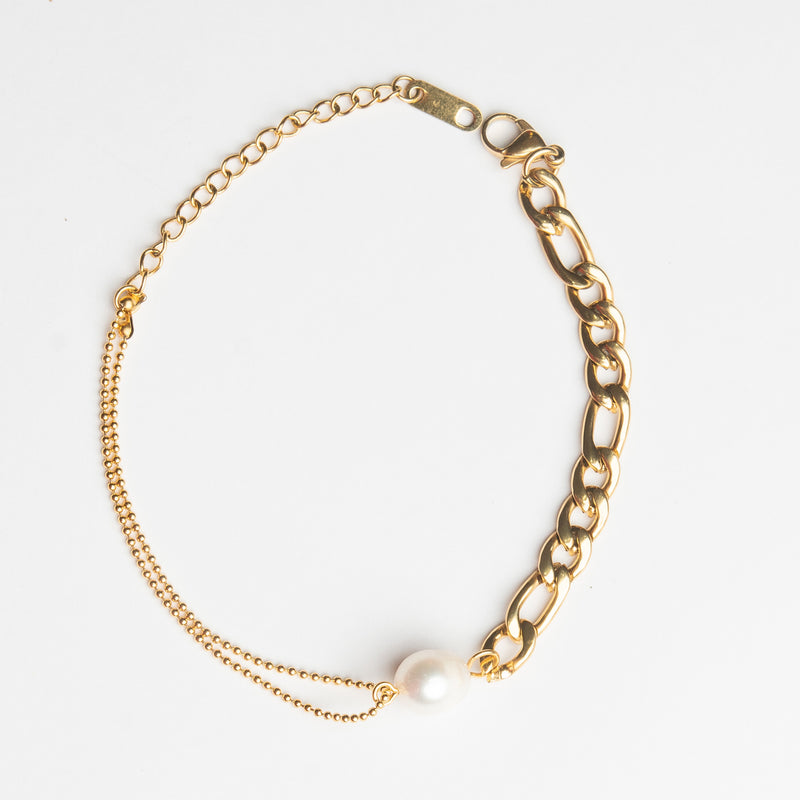 Pulsera con doble cadena y perla de rio
