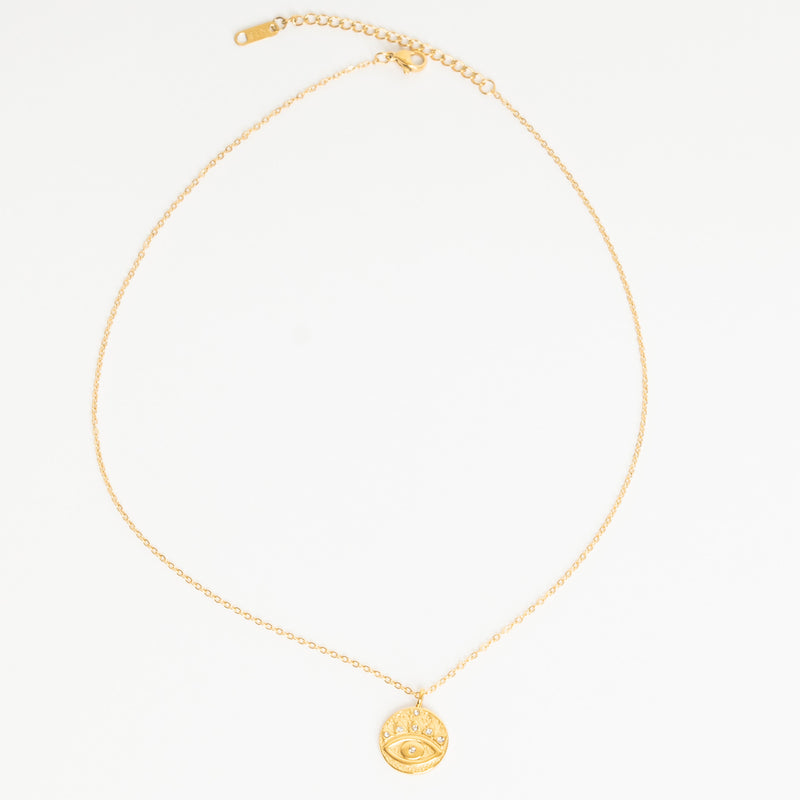 Collar de acero inoxidable con chapa de oro de 18 quilates con dije en forma de ojo